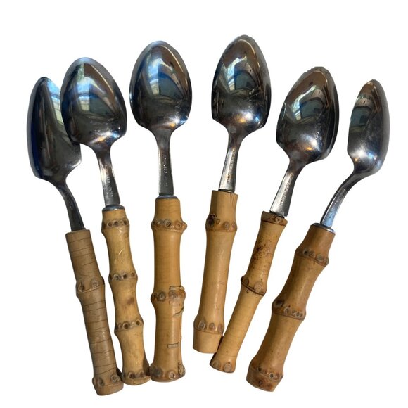 Vintage Bamboo Handle Serrated Grapefruit Spoons Set of 6 Stainless Japan - Picture 4 of 8